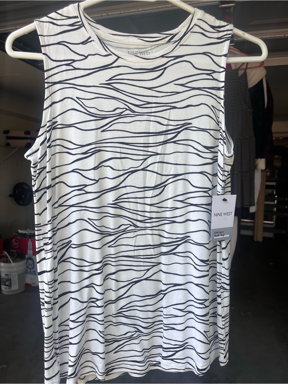 Nine West White Tank with Black Wavy Stripe Design